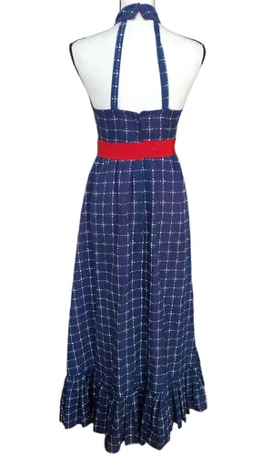 Vintage 70s House Of Bianchi Navy Blue Dot Check Maxi Dress Full Skirt Ruffle S thumbnail 2