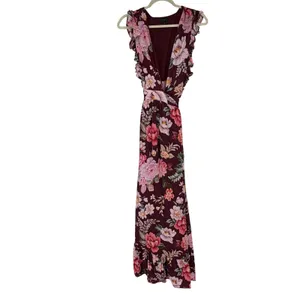 Majorelle Floral Maxi Dress Small Burgundy Plunge V Neck Ruffle Revolve Boho‎ thumbnail 2