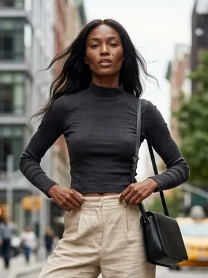 AMERICAN APPAREL Black Ribbed Mock Neck Long Sleeve Crop Top Sz S thumbnail 1