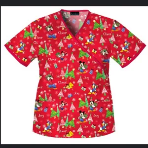 Disney Christmas Print Women’s Scrub Top in Red thumbnail 1