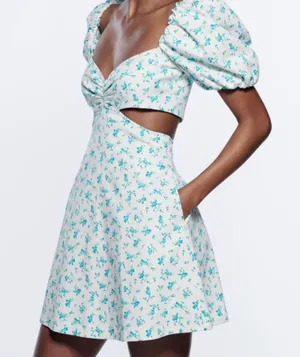 Dress Mini Cutout Floral Print Blue & White XS thumbnail 3