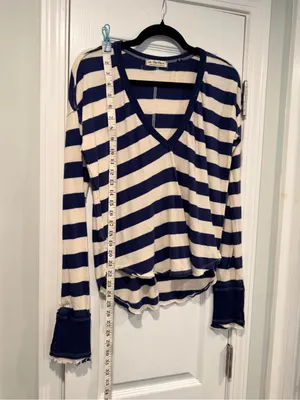 NWOT Free People We The Free Size L Blue Cream Striped Thermal Knit V Neck Top thumbnail 4