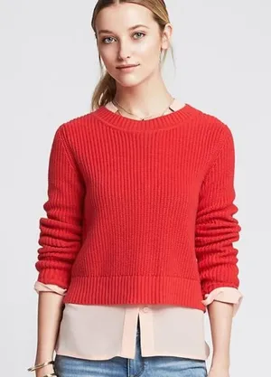 Banana Republic NWT Shaker-Stitch Cropped‎ Pullover Red Crew-neck Women's XL thumbnail 1