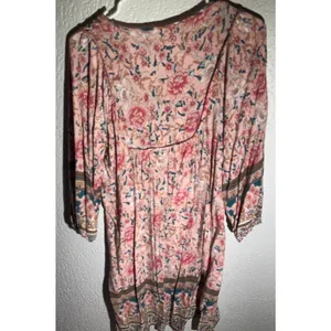 Boho Floral Peasant Dress – Medium, Pink Multicolor, Tie-Neck, 3/4 Sleeve thumbnail 3