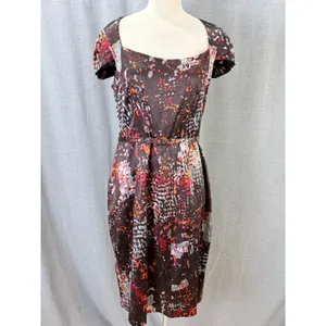 David Meister‎ Brown Abstract Print Silk Blend Belted Sheath Dress 12 thumbnail 2