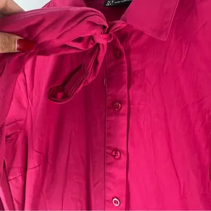 NY&C Pink Cotton Blend Button Front Tie Neck Pleated Fit & Flare Shirt Dress‎ thumbnail 5