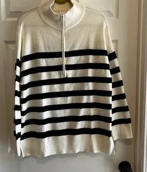 Wiholl Striped Knit Sweater Mock Neck‎ Ivory and Black NWT thumbnail 1