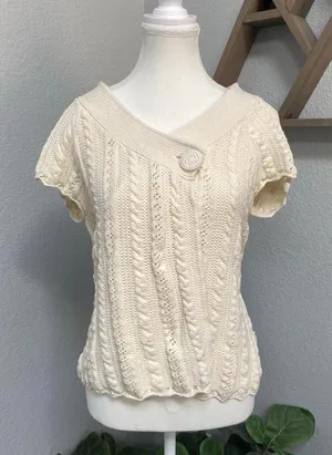 Caslon Cream Cable Knit Short Sleeve Cardigan Button Sweater Y2k Boho Academia thumbnail 1