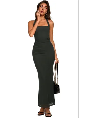 NEW Mesh Ruched Sheer Sleeveless Wedding Guest Bodycon Maxi Dress M thumbnail 6