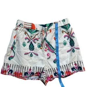 Zara Linen Print Shorts Boho Pom Pom‎ Drawstring Waist Casual Summer XS thumbnail 6