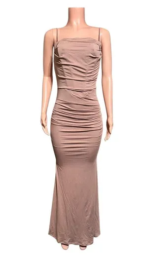 Marthea sleeveless bodycon corset maxi dress/ spaghetti strap ruched mocha dress M thumbnail 1