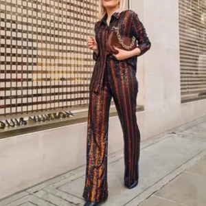 Zara | Sparkle Sequins Flare Wide Leg Pants Striped‎ Black Red - 3440/251/800 thumbnail 2