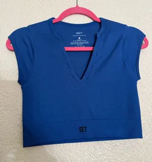 SET Active Royal Blue Short Sleeve V-Neck Crop Top sculpflex fabric size Medium thumbnail 1