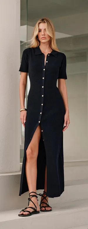 CoMMENSE Metal Button Collar Midi Dress COLOR - Navy, Size Medium NWT thumbnail 1