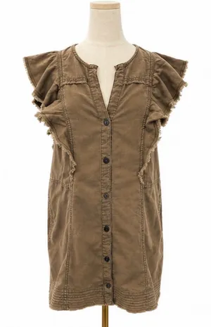 Pilcro Anthropologie Brown Cotton Ruffle Sleeve Button Front Dress Medium thumbnail 1