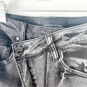 RISEN High Rise Crossover Released Frayed Hem Two Tone Black Wash Denim Jeans 25 thumbnail 8