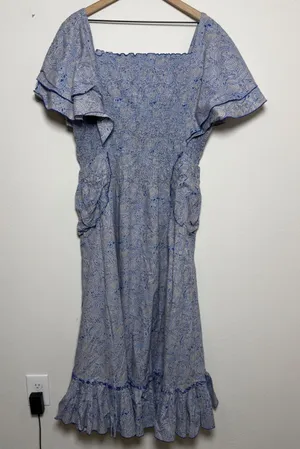 Women Cotton Smocked Midi Dress XL Blue Paisley Flutter Sleeve Nap Cottage thumbnail 1