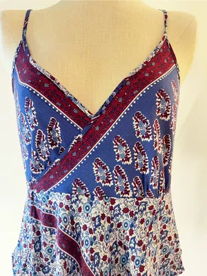 Free People Floral Print V-Neck Cami Tank Top - Blue / Burgundy thumbnail 2