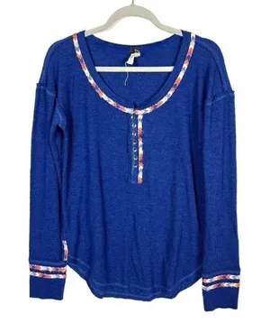 We The Free Blue Thermal Henley Long Sleeve Shirt‎ Top Size L thumbnail 1