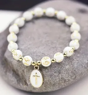 White‎ Stylish Elastic Beaded Cross Charm Bracelet Enamel Oval Cross Bead Accent thumbnail 1