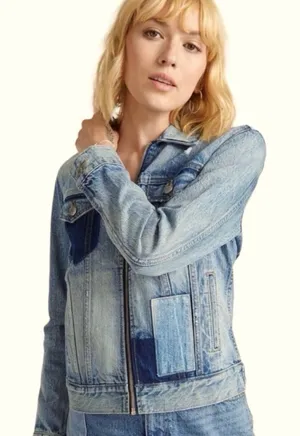 Lucky Brand Patchwork Tommy Trucker Denim Jacket Jean Jacket Zip Front Blue S thumbnail 1