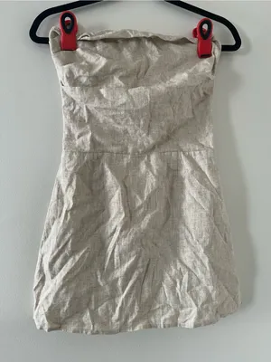 SNDYS Beige Linen Cotton Strapless Mini Dress XS Coastal Resort Euro Summer thumbnail 1