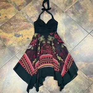 Sangria Ruched Bodice Asymmetrical Handkerchief Hem Halter Dress 4 thumbnail 5
