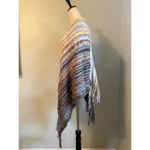 Multi Color Striped Knit Poncho Fringe One Size boho cozy fringe colorful retro thumbnail 4