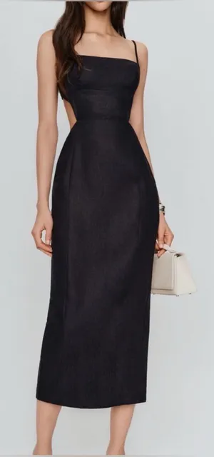 NEW Reformation Asher Linen cutout midi Dress Black thumbnail 1