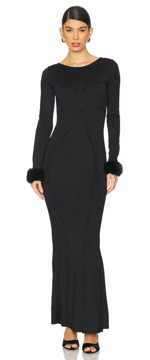 NWT‎ OW Collection Ciara Maxi Dress in Black w Removable Fur Cuffs XS $320 thumbnail 1
