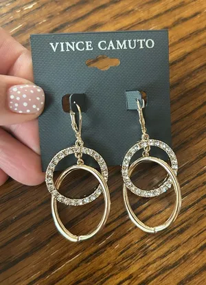 Vince Camuto Gold Crystal Double Hoop Drop Earrings thumbnail 1