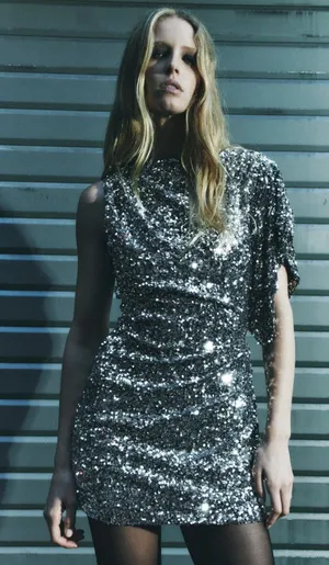 NWT ZARA SEQUINED Asymmetric MINI DRESS Navy Silver Festive Days thumbnail 1
