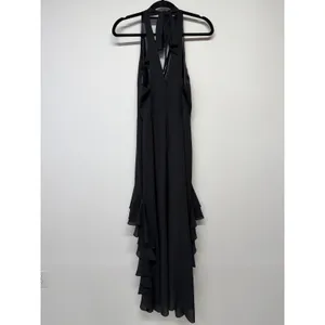 Belle Badgley Mischka Black Halter Maxi Dress Ruffle Backless Size 6 NWT thumbnail 3
