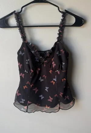 New Look Butterfly Mesh Ruffle Cami Tank Top Women’s US 4 Sheer Y2K Coquette thumbnail 1