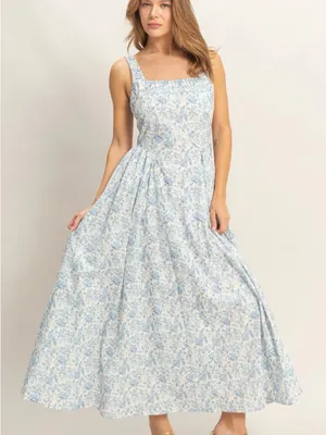 HYFVE Blue Floral Cotton Empire Waist Maxi Dress Square Neck Cottagecore Medium thumbnail 4