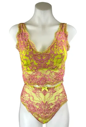Savage x Fenty Yellow Pink Lace Brallete High Waist Bottom Lingerie 2 Pc Set 1XL thumbnail 1