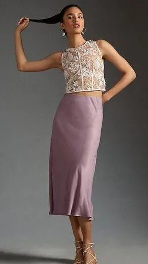 Anthropologie M WomenThe Elyse Slip Skirt Pensil Iridescent Pink Metallic Midi thumbnail 1