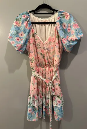 For Love & Lemons Love Colette Floral Tiered Ruffle Tie Waist Lace Hem Dress thumbnail 3