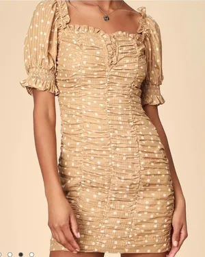 Finders Keepers Mini Dress Womens S Tan Polka Dot Ruched Puff Sleeve‎ Bodycon thumbnail 1