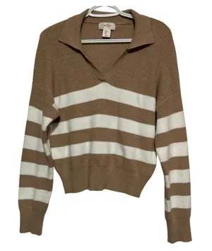 Jessica Simpson Women's Tan White‎ Striped V-Neck Sweater with Collar Size L thumbnail 1
