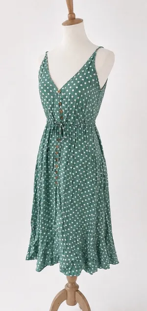 SheIn Seafoam Green Polka Dot Sundress Button Front Tie Waist Midi Dress Size Small thumbnail 1