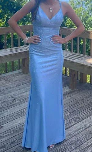 Jovani blue fitted v neck dress style 220110 thumbnail 1