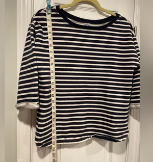 Gap Fit Size M Blue Cream Stripe Crew Neck 3/4 Sleeve Cotton Terry Sweatshirt thumbnail 7