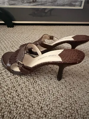 Nine West Dobbs Brown Croc-Embossed Leather Slide Sandals with Buckle Detail thumbnail 6