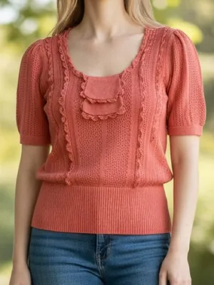 Anthropologie Moth Linen Knit Pointelle Vintage Style Short Sleeve Top M thumbnail 1