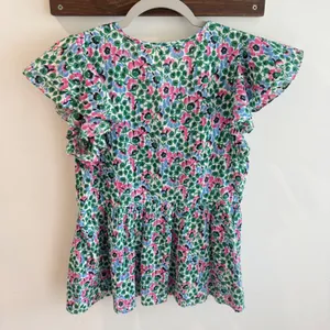 Banjanan Kira Floral Cotton Peplum Top V-Neck Ruffle Sleeve Pink Blue Green‎ M thumbnail 5