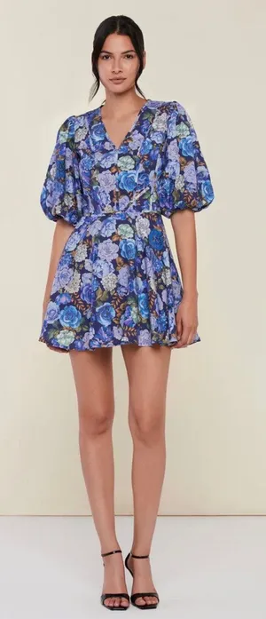 Rachel Parcell Floral Linen Blend V-Neck‎ Puff Sleeve Mini Dress size 14 thumbnail 1
