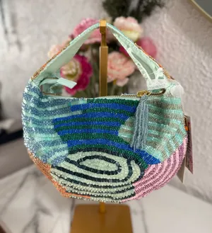 NWT Handmade Multicolor Beaded Mini Shoulder Bag Abstract Wave Mint Green Purse thumbnail 1
