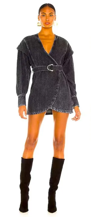NWT IRO Gerlin Denim Dress Black 32(0) Revolve long puff sleeve belted mini thumbnail 1