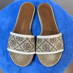 Tory Burch T Monogram Espadrille Slide Sandals SZ:6M thumbnail 1